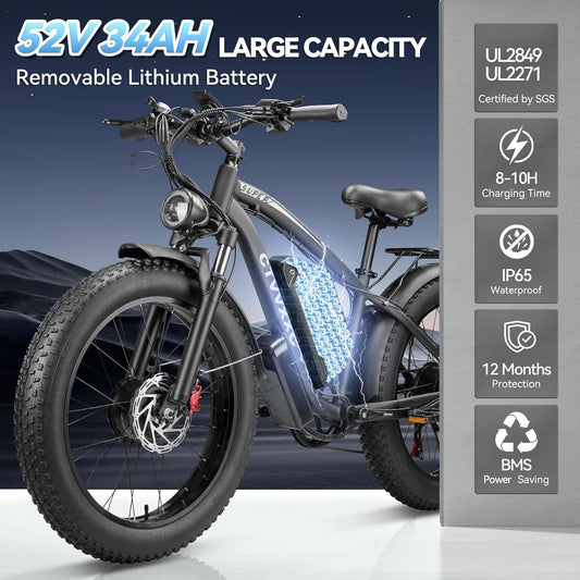 Electric Bicycle with Dual Assist, Removable 52V Battery, 7-Speed Gears, 24-Inch Fat Tires
